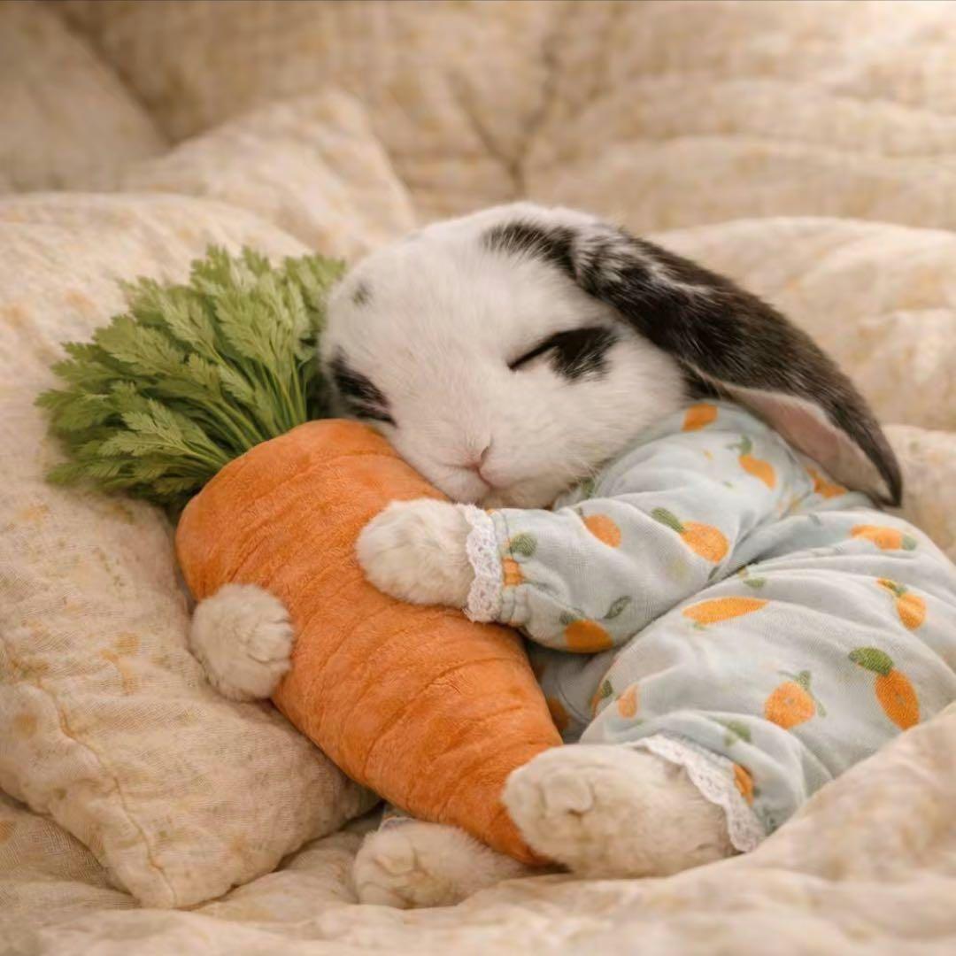 ニンジンを抱っこしている絵昼寝うさぎパネル生地　ハンドメイド