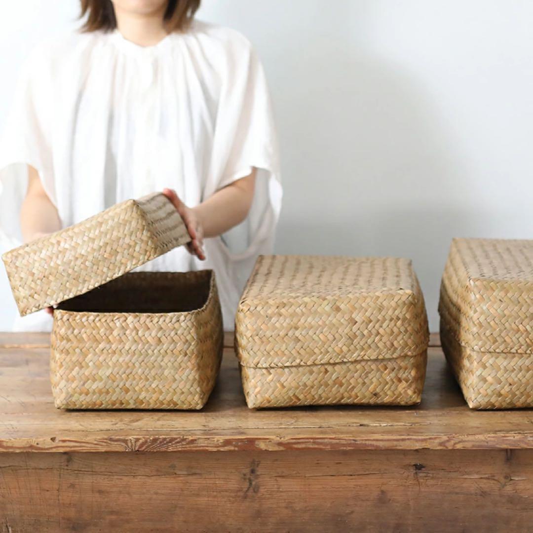 カチュー水草ふた付き四角BOX 3点セット アジアのかご 収納かご