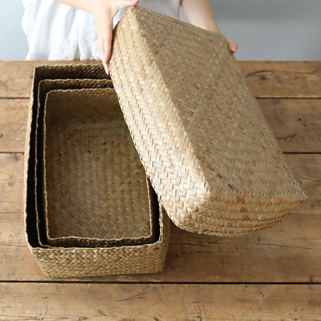 カチュー水草ふた付き四角BOX 3点セット アジアのかご 収納かご