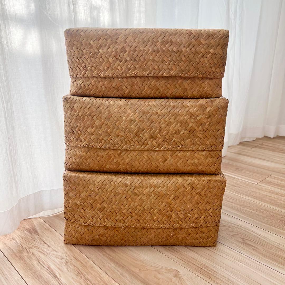 カチュー水草ふた付き四角BOX 3点セット アジアのかご 収納かご