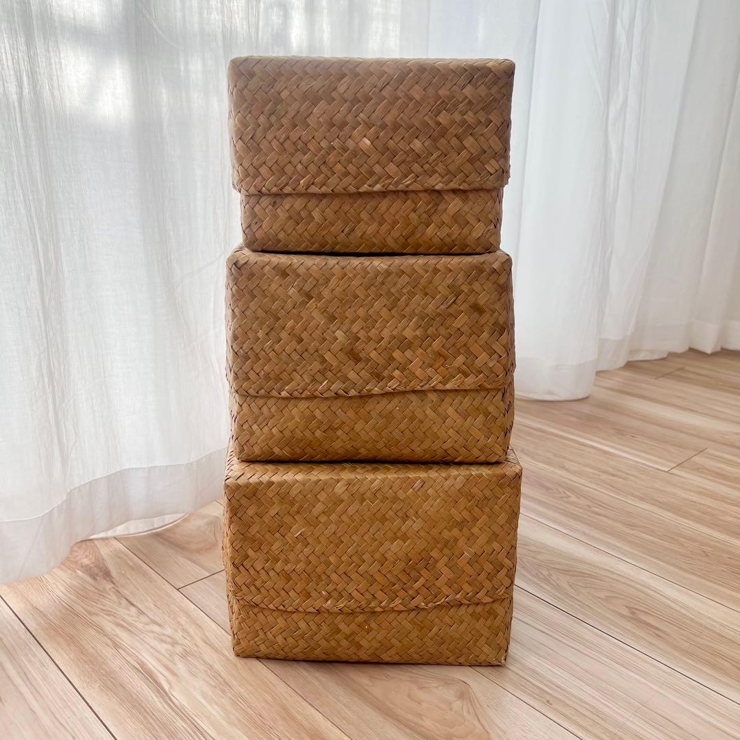 カチュー水草ふた付き四角BOX 3点セット アジアのかご 収納かご