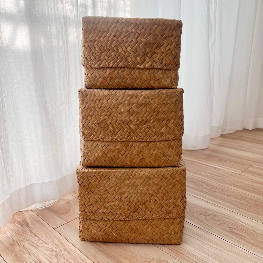 カチュー水草ふた付き四角BOX 3点セット アジアのかご 収納かご