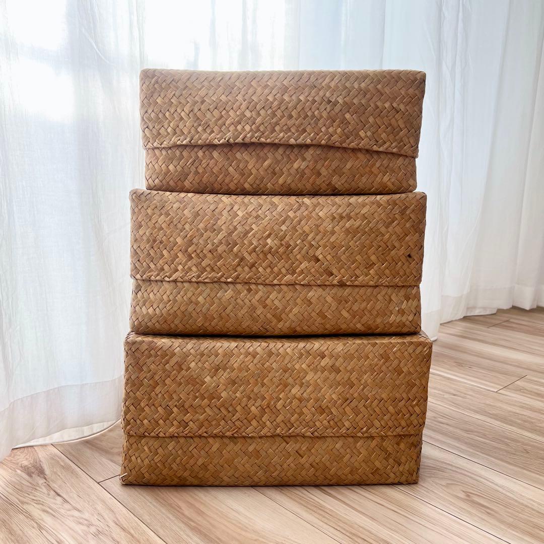 カチュー水草ふた付き四角BOX 3点セット アジアのかご 収納かご