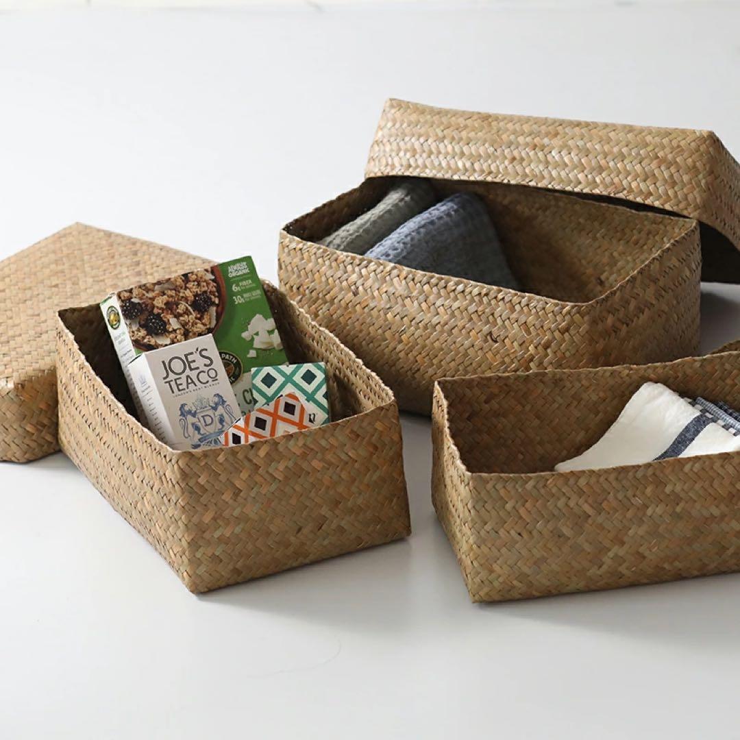 カチュー水草ふた付き四角BOX 3点セット アジアのかご 収納かご