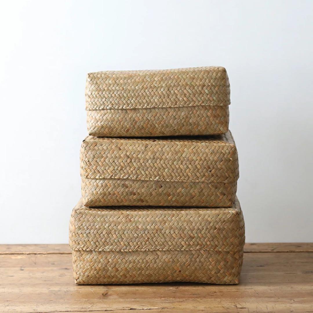 カチュー水草ふた付き四角BOX 3点セット アジアのかご 収納かご