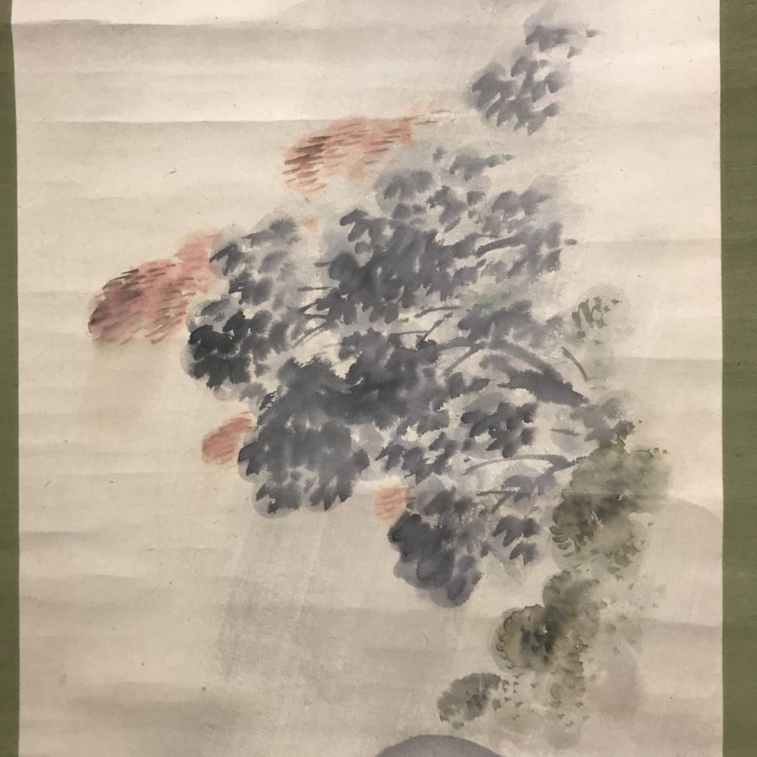 【真作】玉田/雨の田家画賛/山水図/掛軸/名家伝来/AC-208