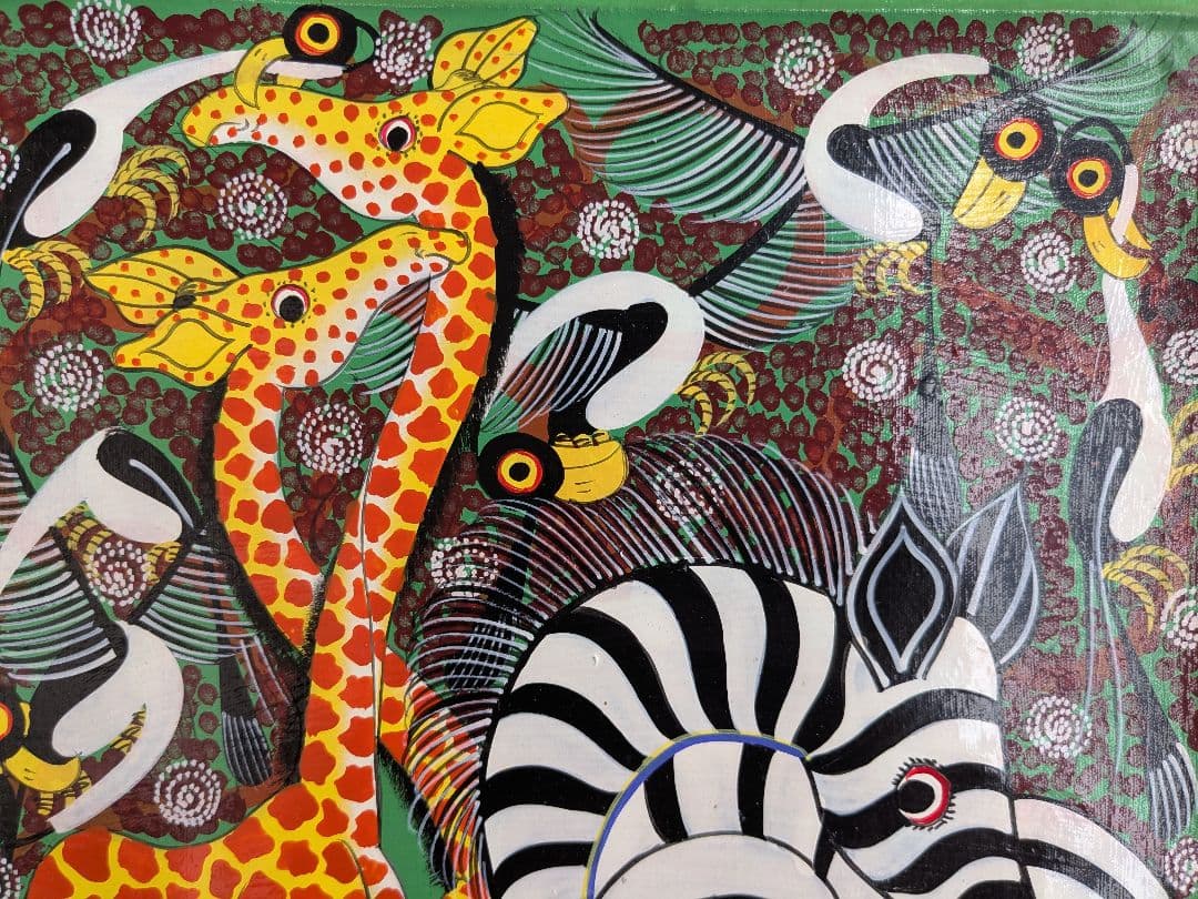 ●アフリカの絵画、ティンガティンガ、キリンとシマウマ、30×40cm