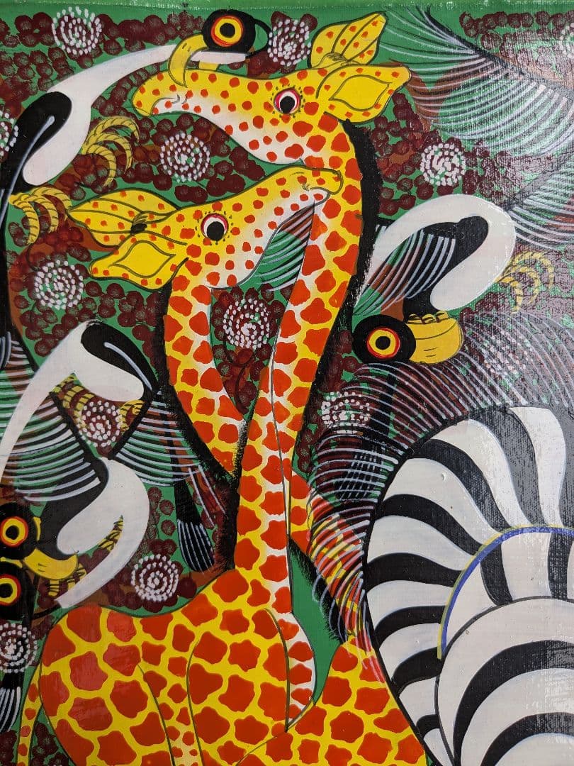 ●アフリカの絵画、ティンガティンガ、キリンとシマウマ、30×40cm