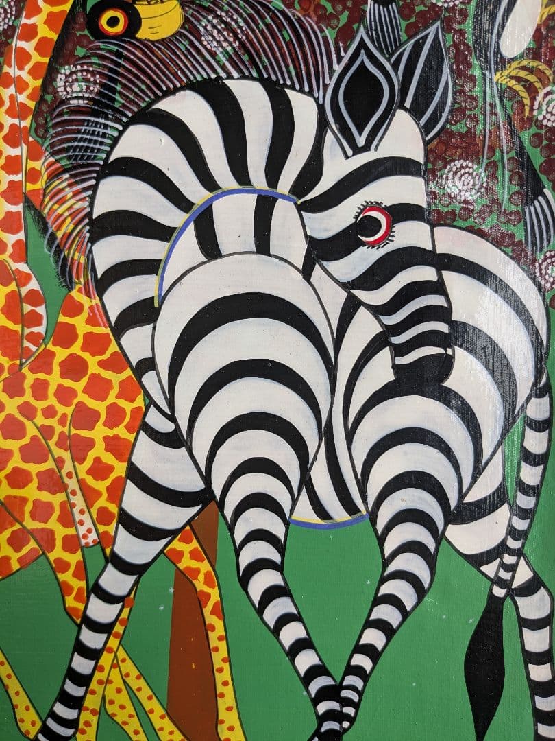 ●アフリカの絵画、ティンガティンガ、キリンとシマウマ、30×40cm