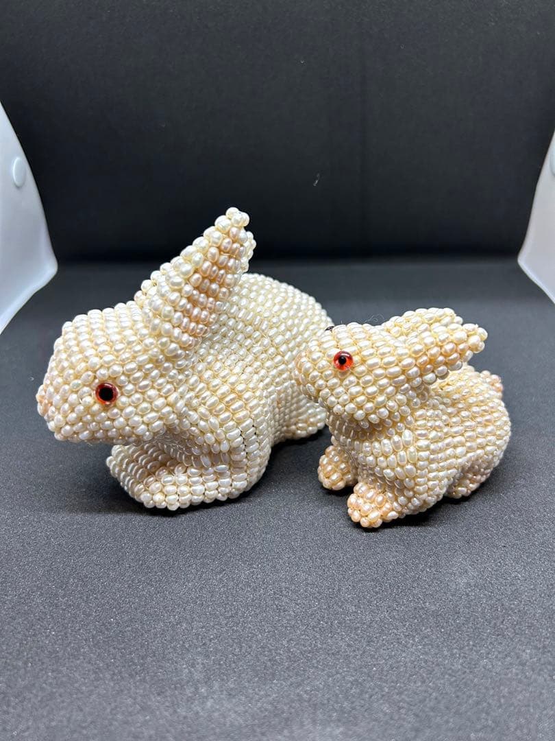 本淡水パール　ウサギの親子置物　ヴィンテージ　全身パールウサギ　縁起もの