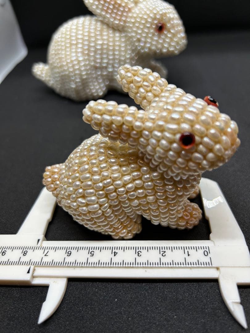 本淡水パール　ウサギの親子置物　ヴィンテージ　全身パールウサギ　縁起もの