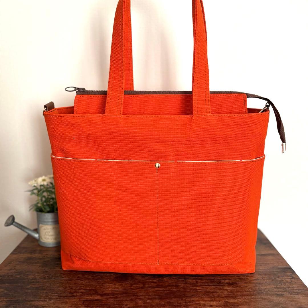 【JUNE】フリルトートバッグL 倉敷8号帆布　キャロット　ファスナー開閉