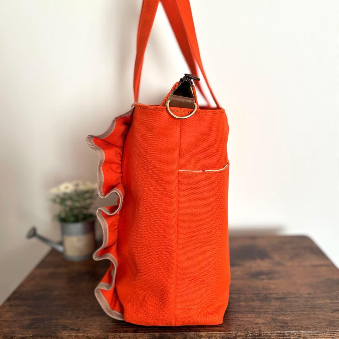 【JUNE】フリルトートバッグL 倉敷8号帆布　キャロット　ファスナー開閉