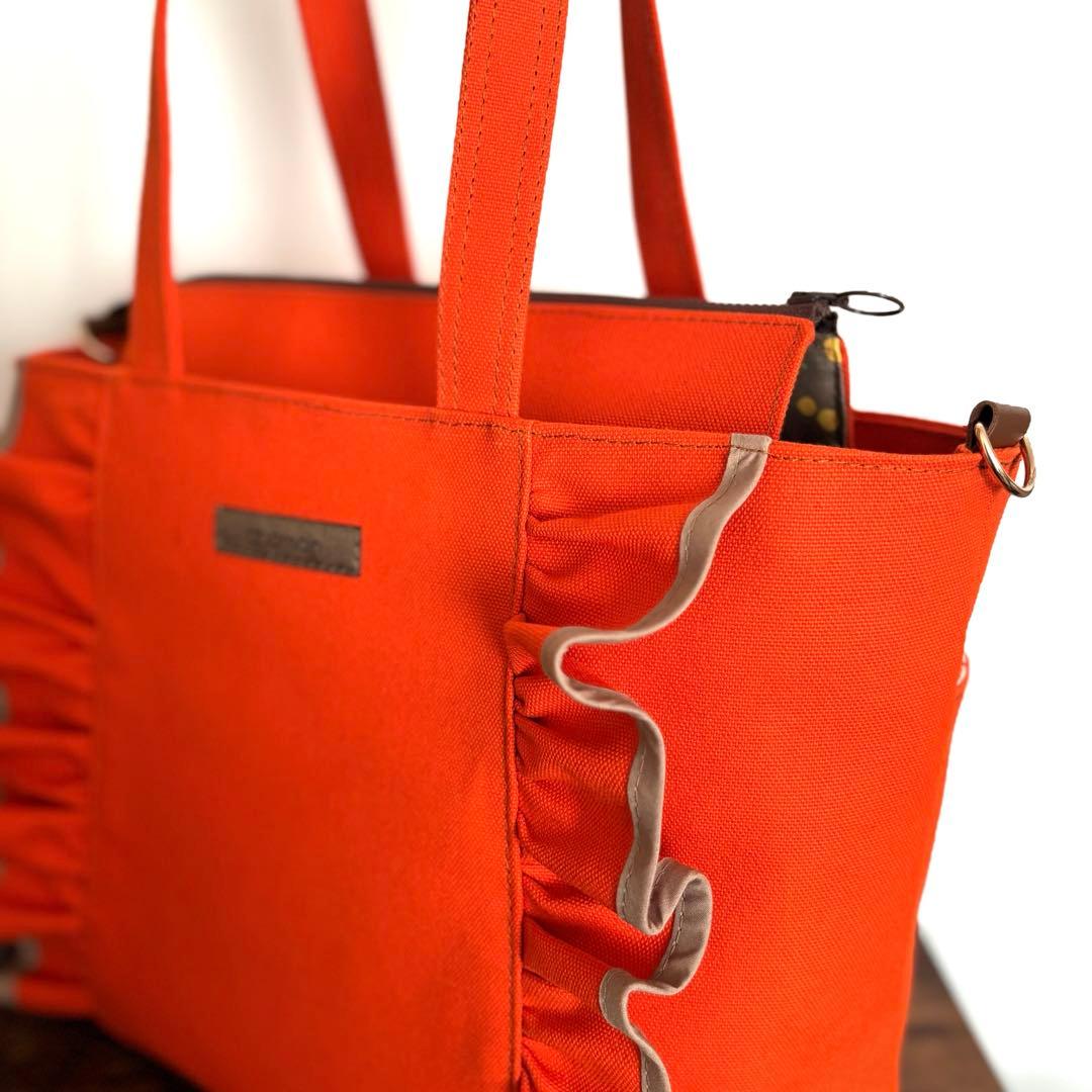 【JUNE】フリルトートバッグL 倉敷8号帆布　キャロット　ファスナー開閉