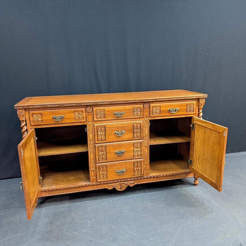 美品　サイドボード　リビングボード　キャビネット　飾り棚　引き出し　レリーフ