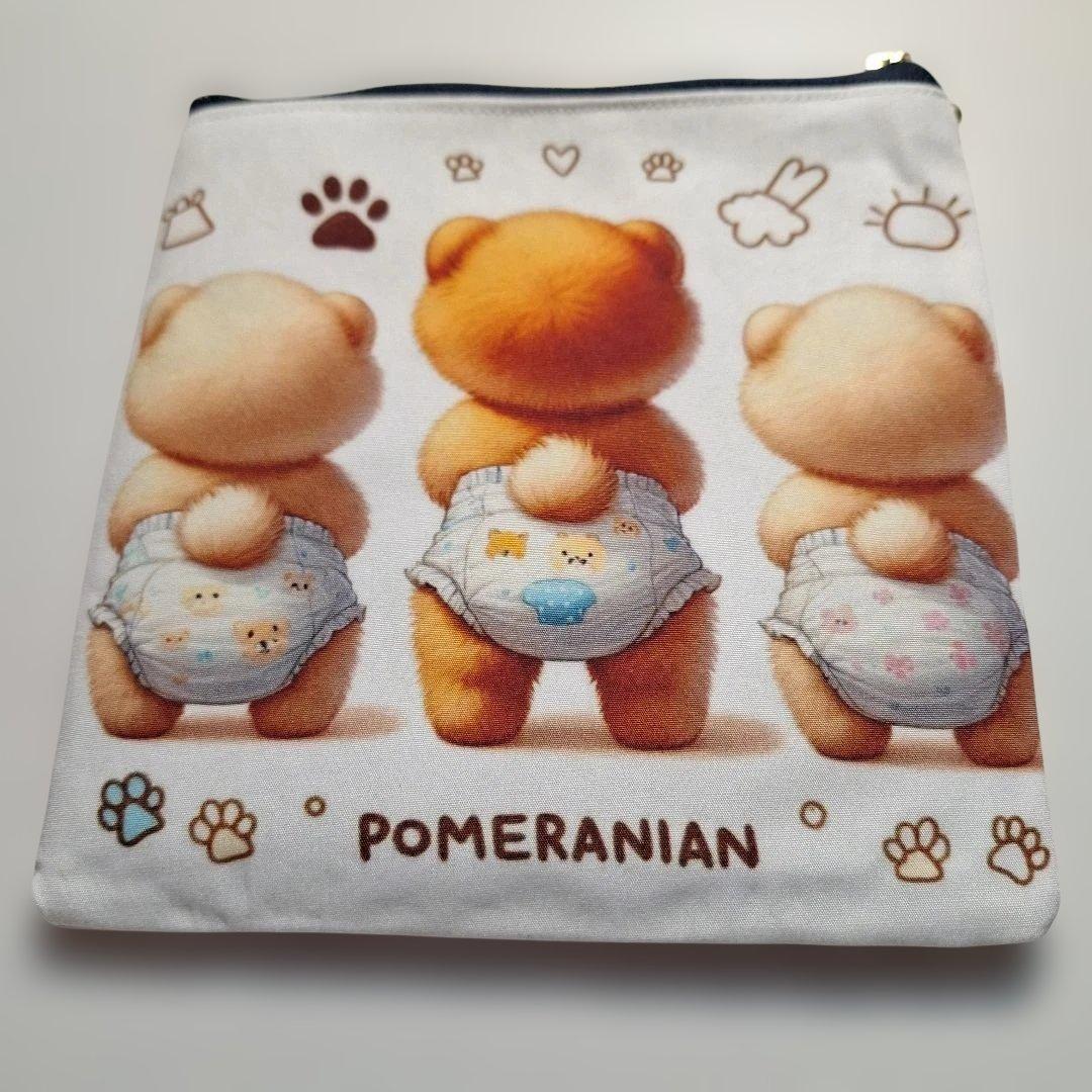 おむつポメラニアンパネル生地　ハンドメイド　フラットポーチ