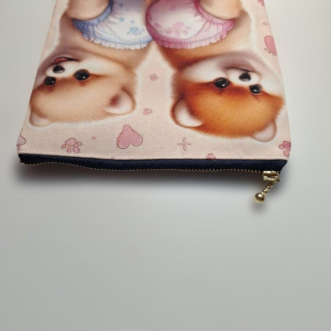 おむつポメラニアンパネル生地　ハンドメイド　フラットポーチ