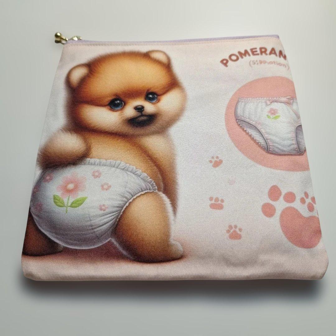 おむつポメラニアンパネル生地　ハンドメイド　フラットポーチ