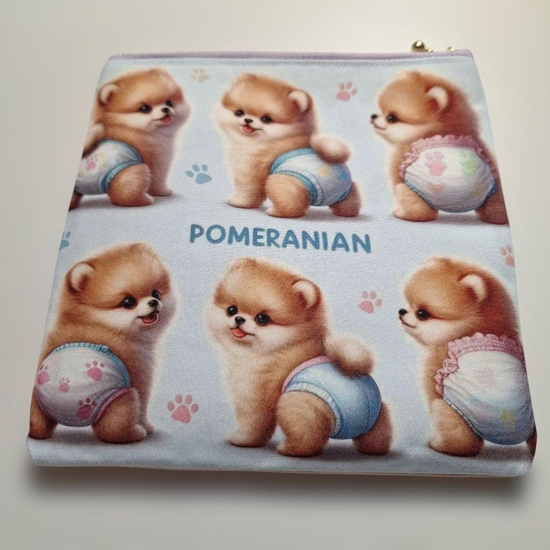 おむつポメラニアンパネル生地　ハンドメイド　フラットポーチ