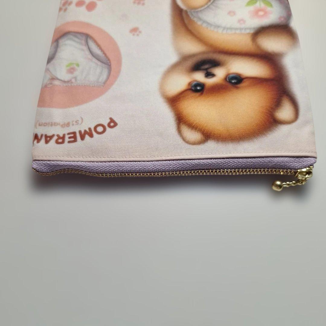おむつポメラニアンパネル生地　ハンドメイド　フラットポーチ