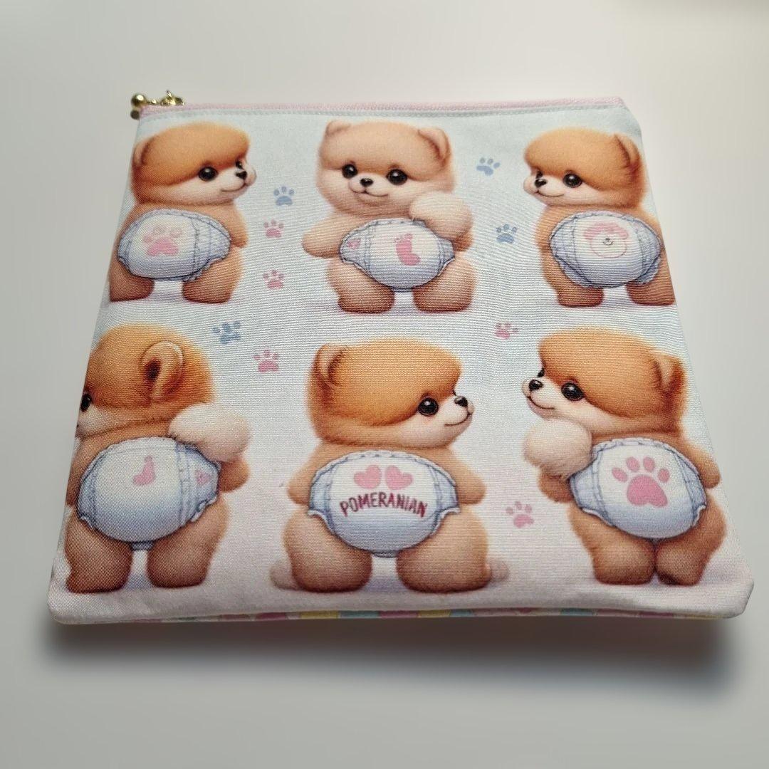 おむつポメラニアンパネル生地　ハンドメイド　フラットポーチ