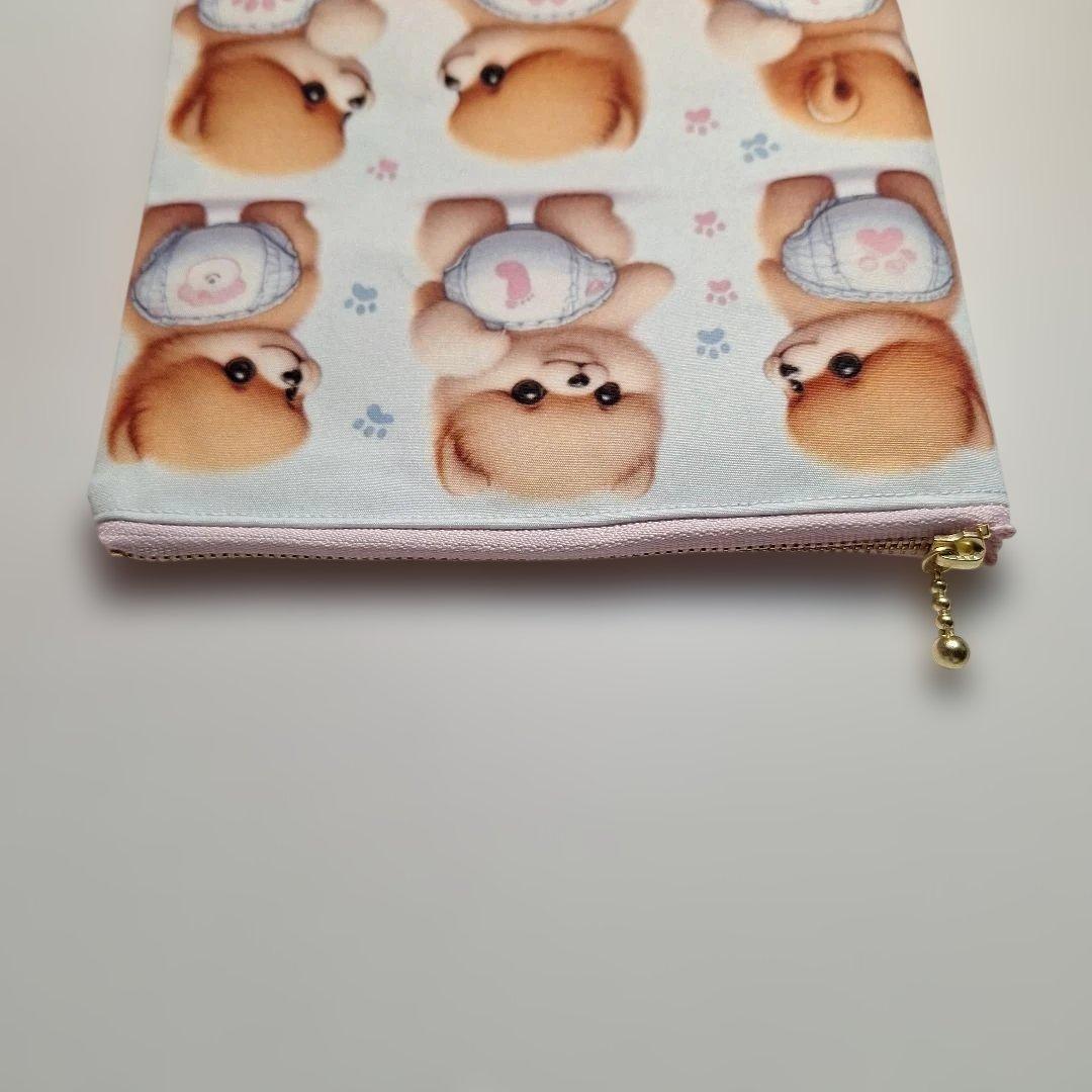 おむつポメラニアンパネル生地　ハンドメイド　フラットポーチ