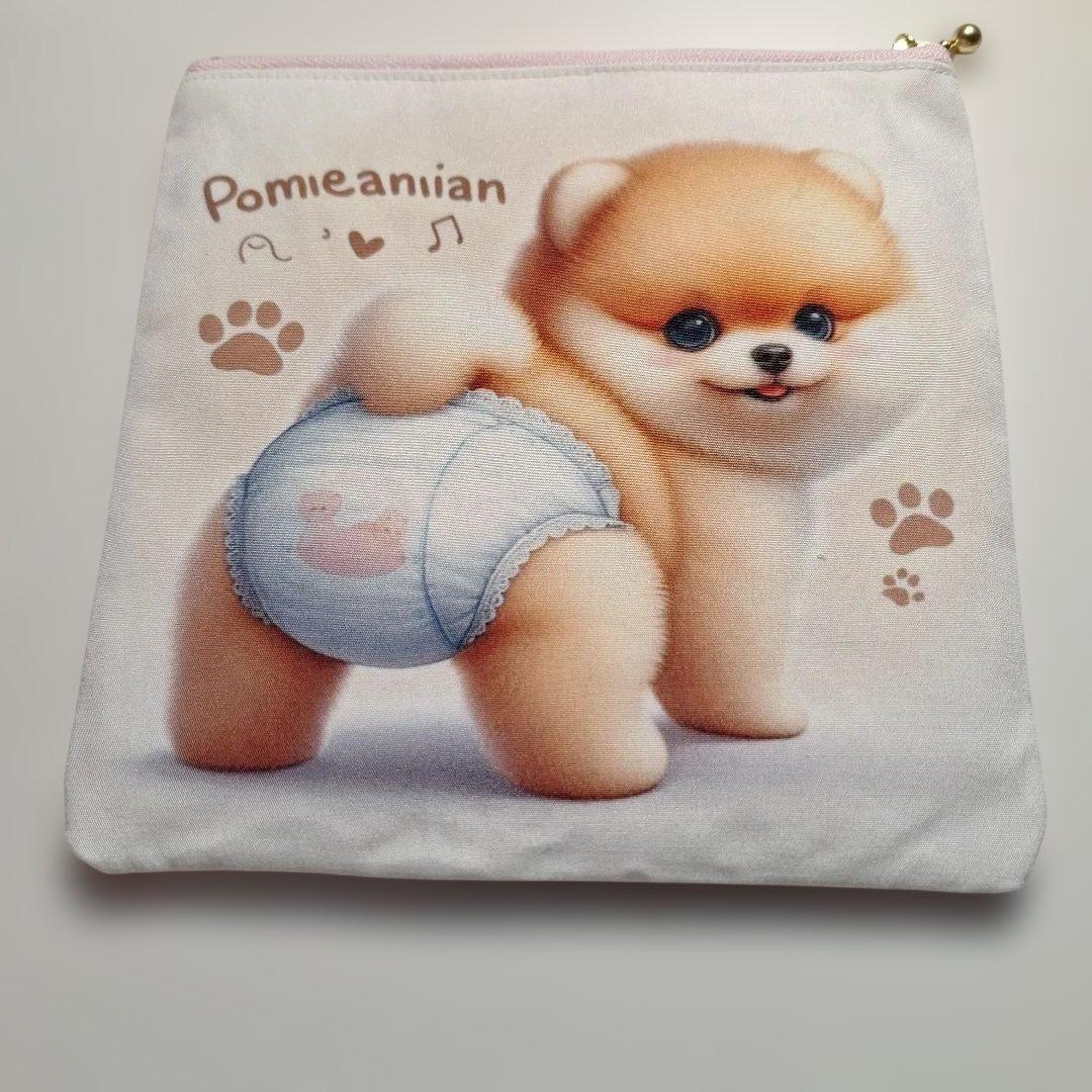 おむつポメラニアンパネル生地　ハンドメイド　フラットポーチ