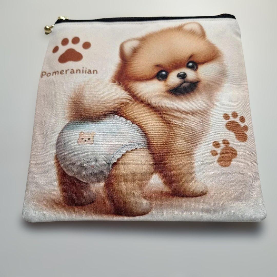 おむつポメラニアンパネル生地　ハンドメイド　フラットポーチ