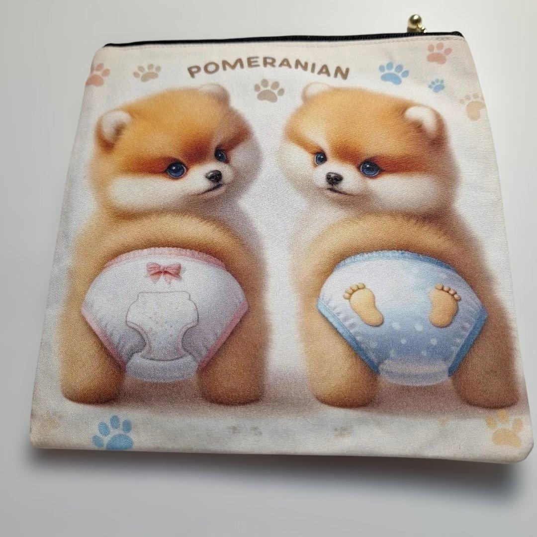 おむつポメラニアンパネル生地　ハンドメイド　フラットポーチ