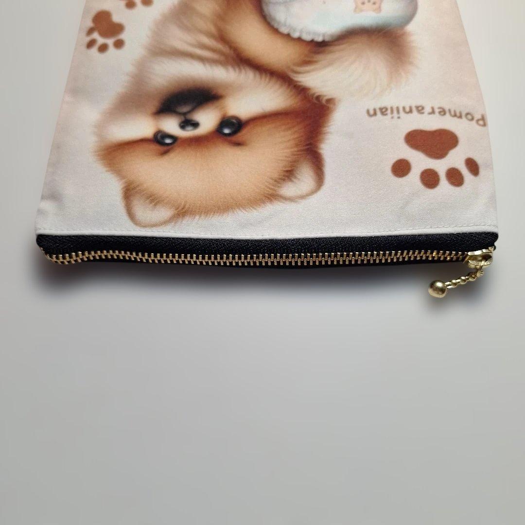 おむつポメラニアンパネル生地　ハンドメイド　フラットポーチ