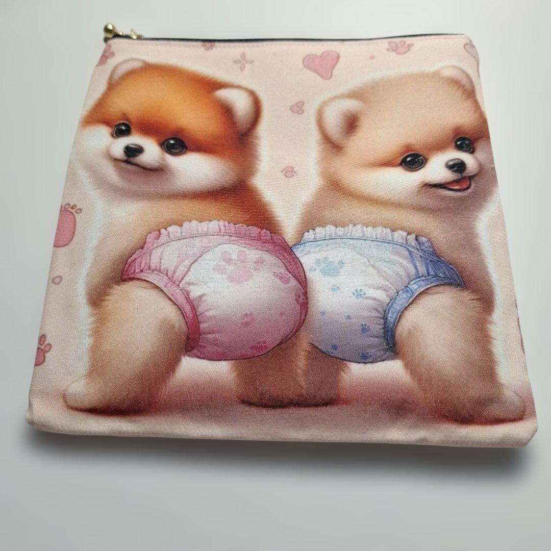おむつポメラニアンパネル生地　ハンドメイド　フラットポーチ