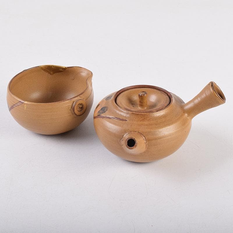 佐渡無名異焼　常山焼　三浦常山造　茶葉釉椿画　茶器揃　共箱　M　R9003