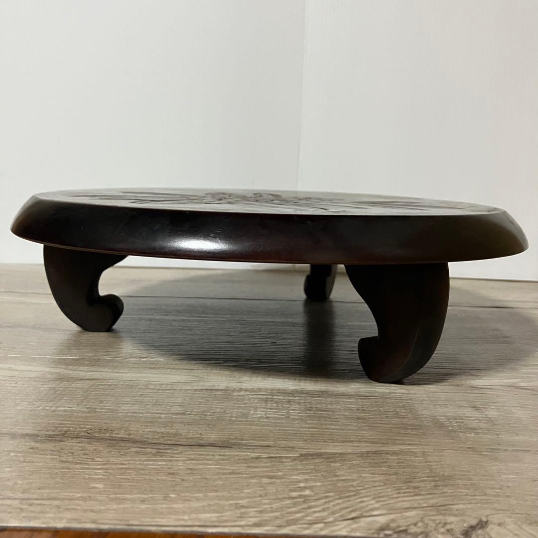 A-2 木製 花台 飾り台 彫刻 漆塗り 丸型 三足 天然木 盆栽台 香炉台