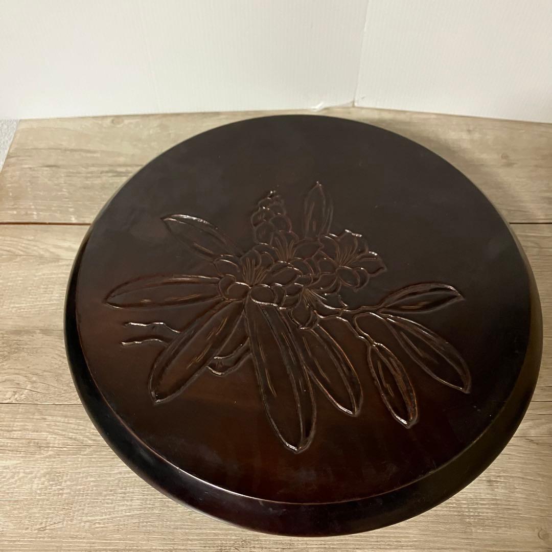 A-2 木製 花台 飾り台 彫刻 漆塗り 丸型 三足 天然木 盆栽台 香炉台