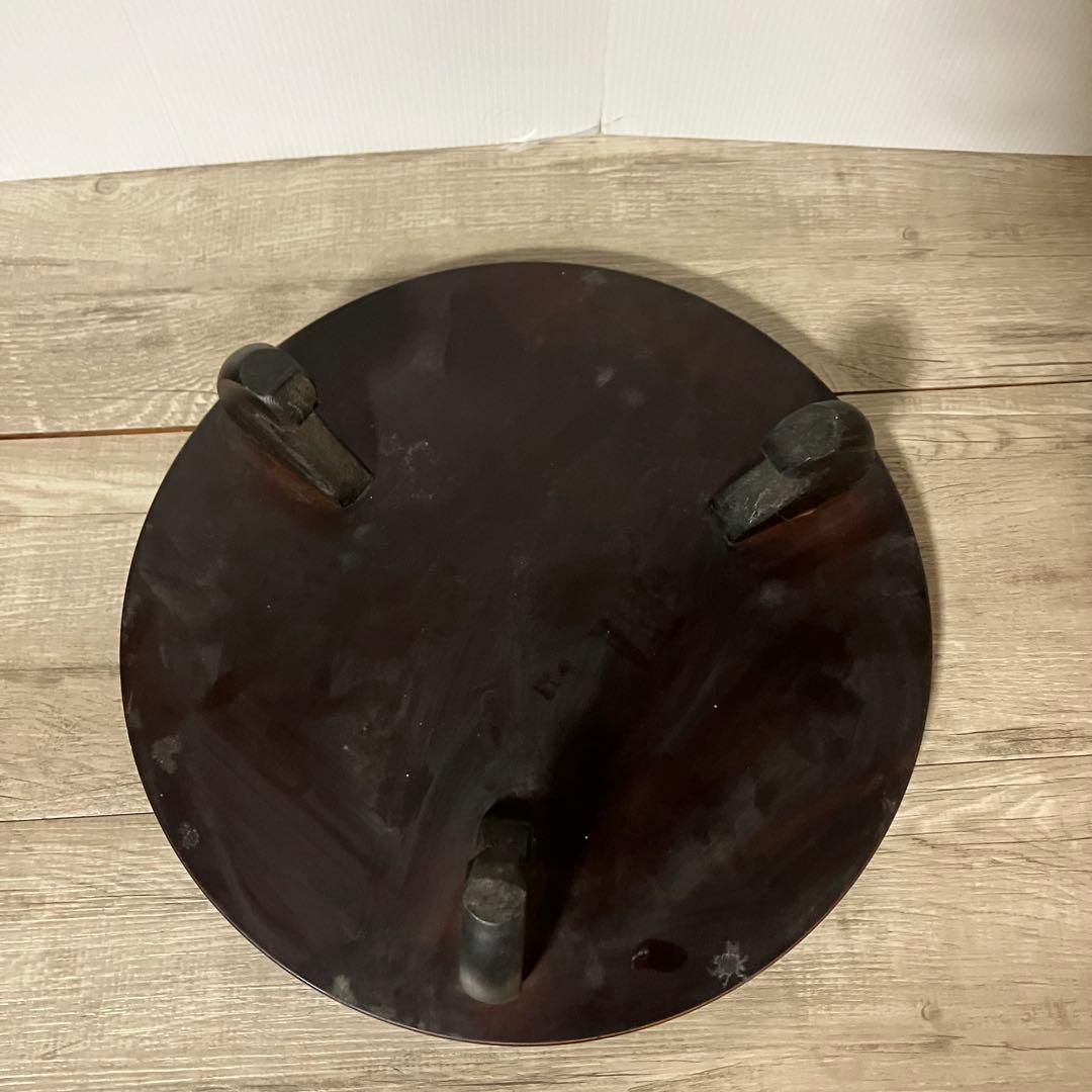 A-2 木製 花台 飾り台 彫刻 漆塗り 丸型 三足 天然木 盆栽台 香炉台