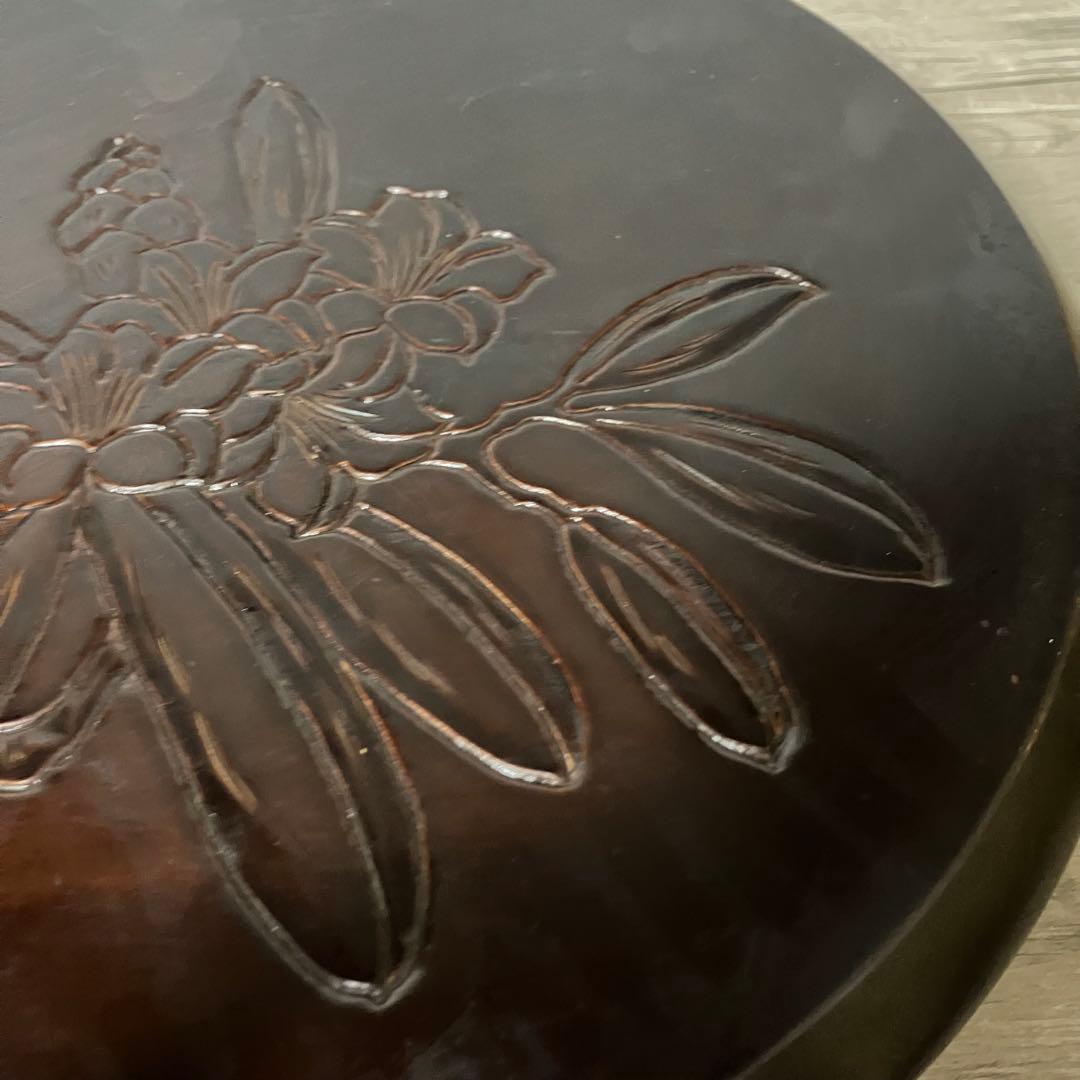 A-2 木製 花台 飾り台 彫刻 漆塗り 丸型 三足 天然木 盆栽台 香炉台