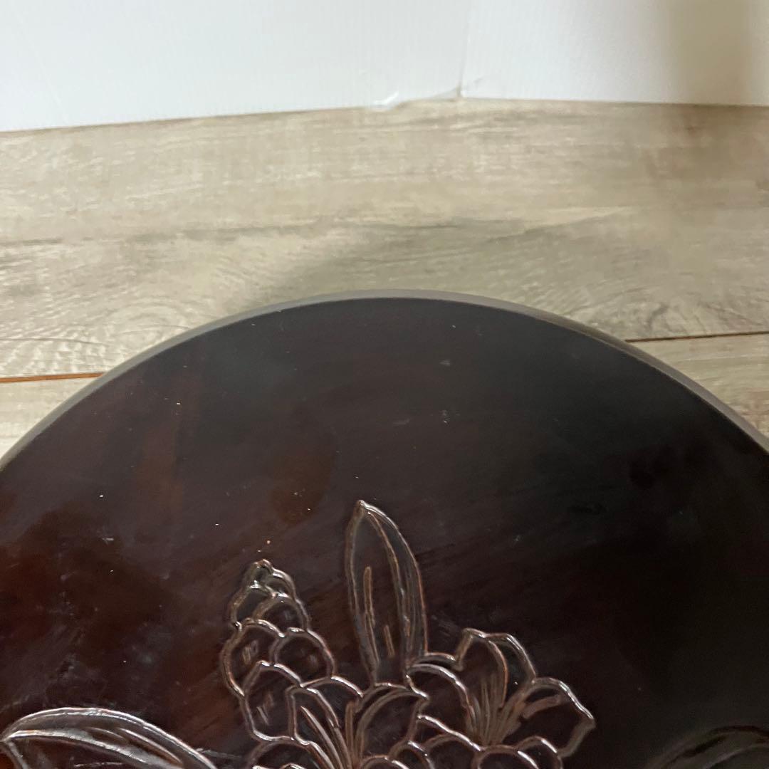 A-2 木製 花台 飾り台 彫刻 漆塗り 丸型 三足 天然木 盆栽台 香炉台