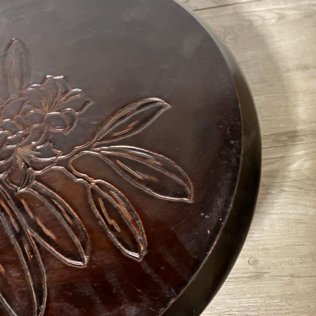 A-2 木製 花台 飾り台 彫刻 漆塗り 丸型 三足 天然木 盆栽台 香炉台