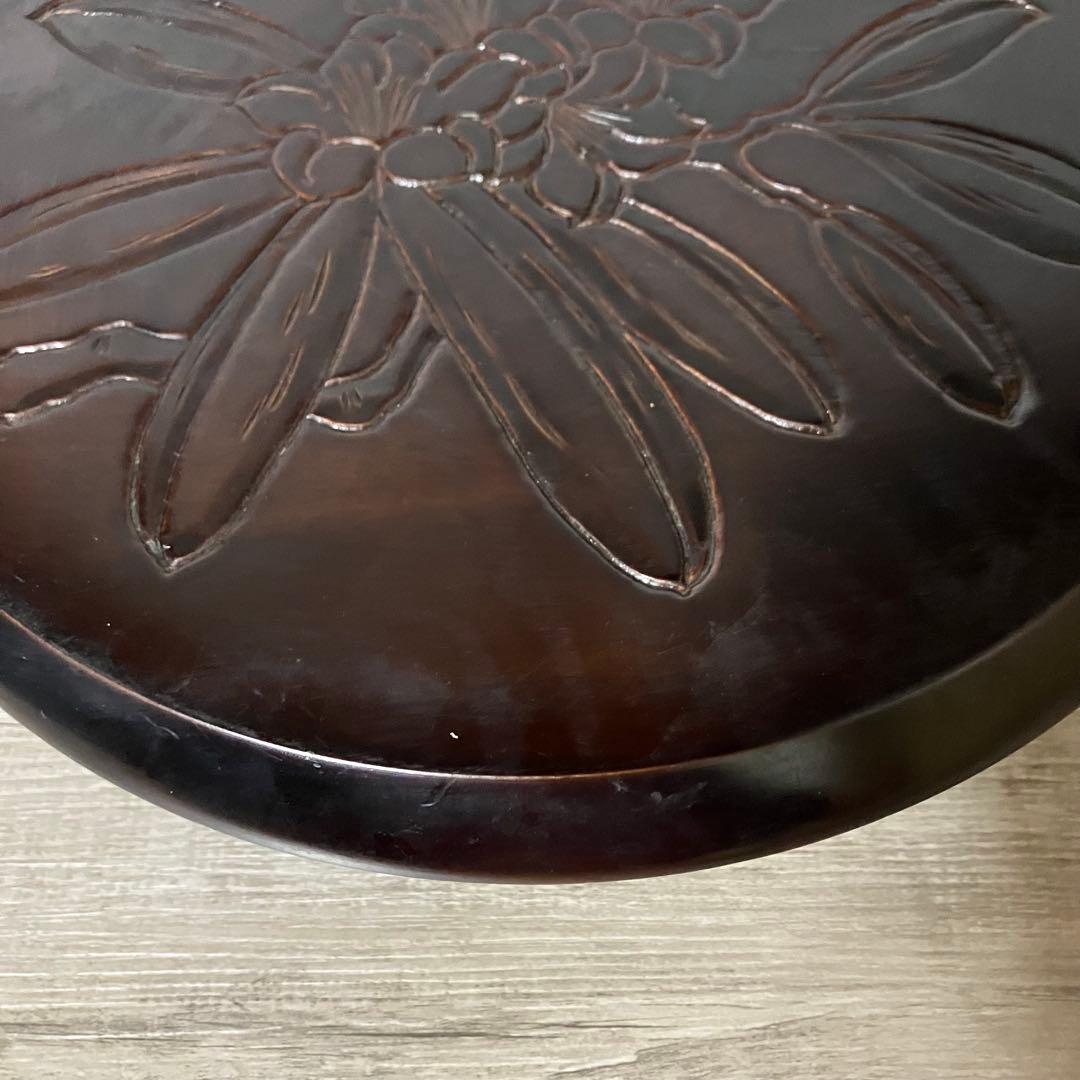 A-2 木製 花台 飾り台 彫刻 漆塗り 丸型 三足 天然木 盆栽台 香炉台