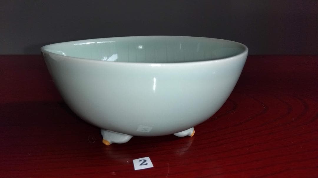 加賀九谷焼名工　池島保雄 青磁草花線刻模様彫向付け小鉢5客セット