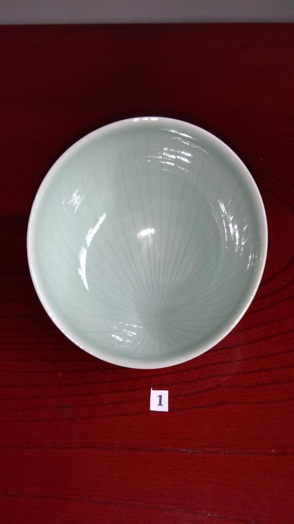 加賀九谷焼名工　池島保雄 青磁草花線刻模様彫向付け小鉢5客セット