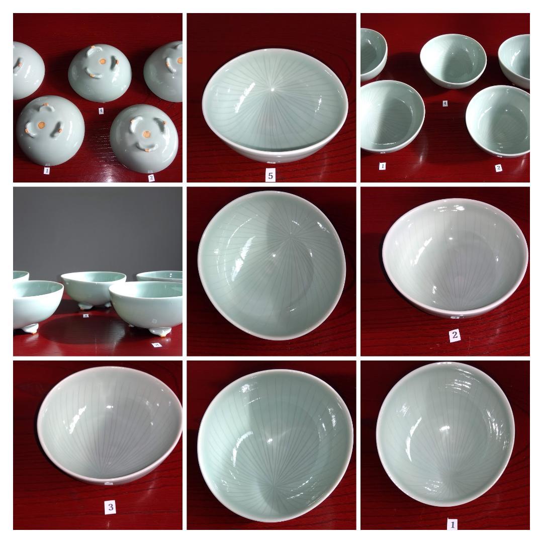 加賀九谷焼名工　池島保雄 青磁草花線刻模様彫向付け小鉢5客セット