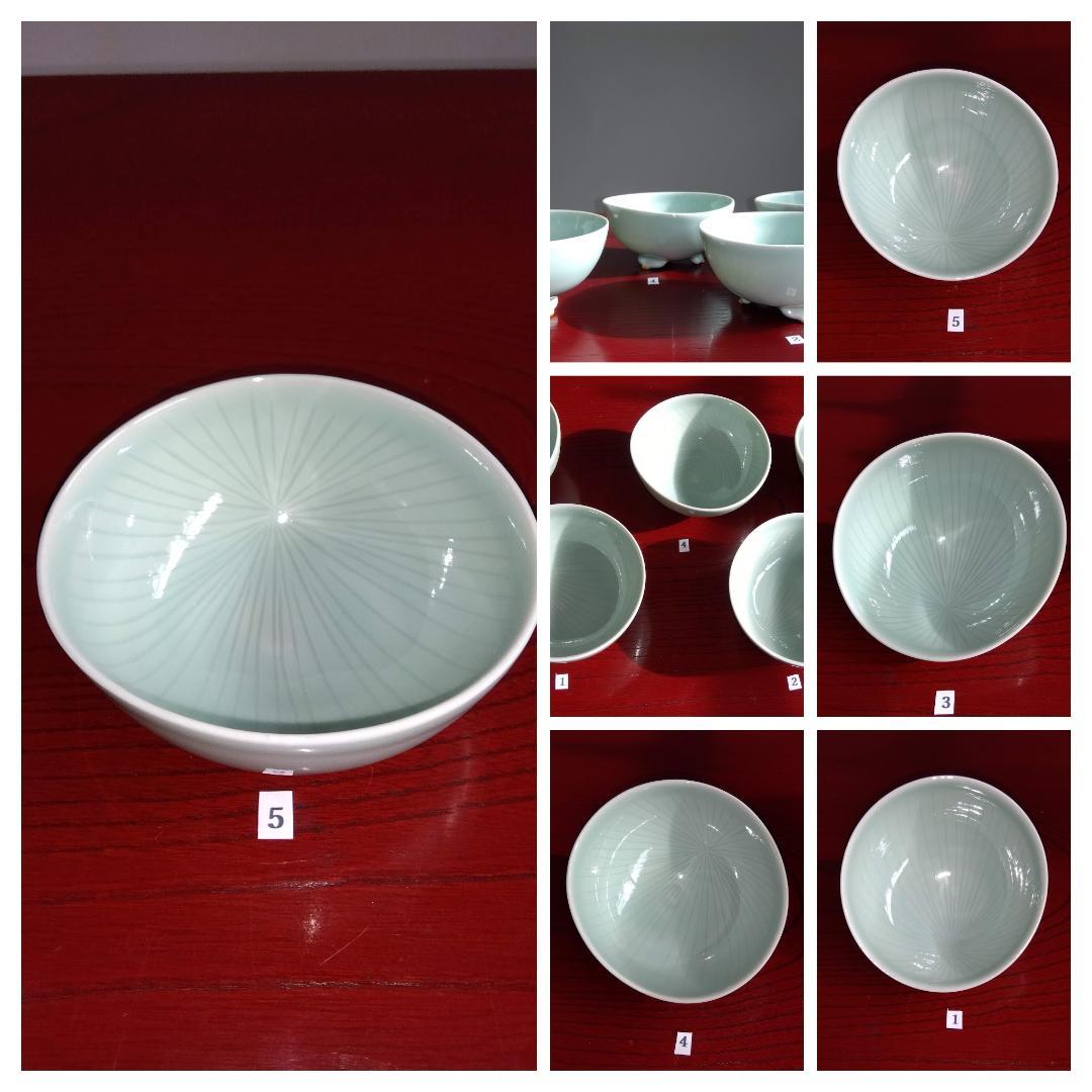 加賀九谷焼名工　池島保雄 青磁草花線刻模様彫向付け小鉢5客セット