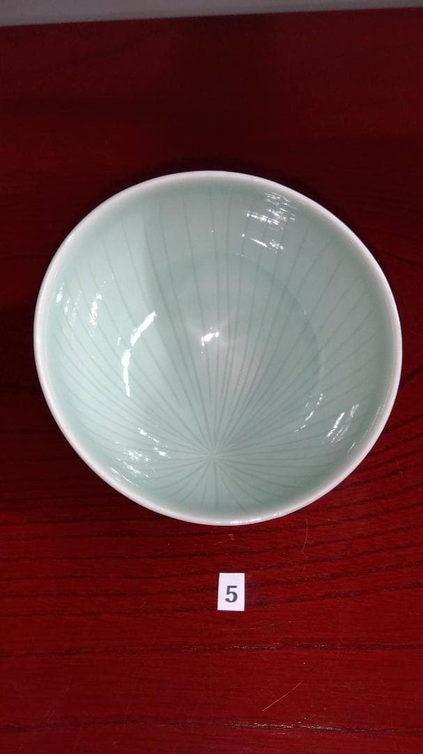 加賀九谷焼名工　池島保雄 青磁草花線刻模様彫向付け小鉢5客セット