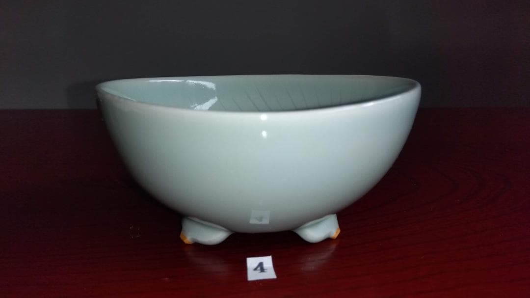 加賀九谷焼名工　池島保雄 青磁草花線刻模様彫向付け小鉢5客セット