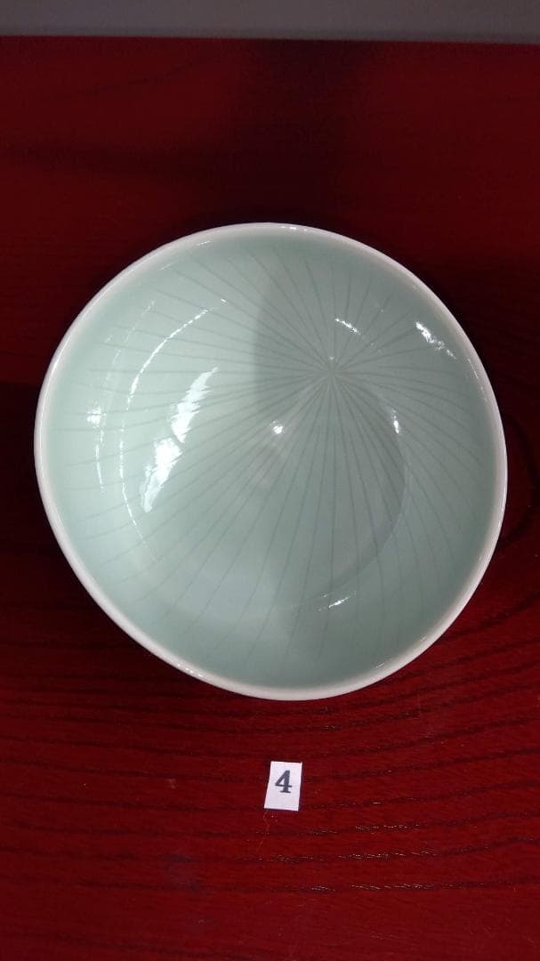 加賀九谷焼名工　池島保雄 青磁草花線刻模様彫向付け小鉢5客セット