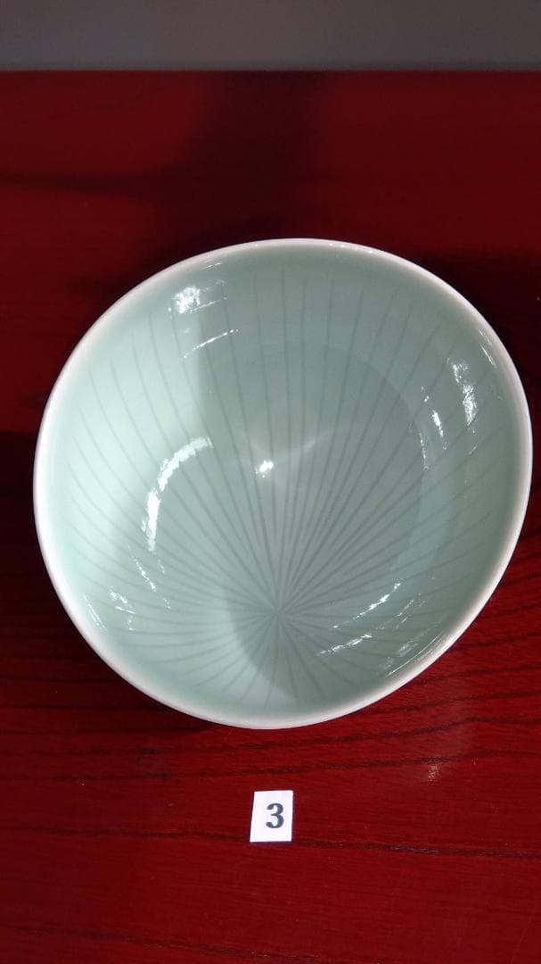 加賀九谷焼名工　池島保雄 青磁草花線刻模様彫向付け小鉢5客セット