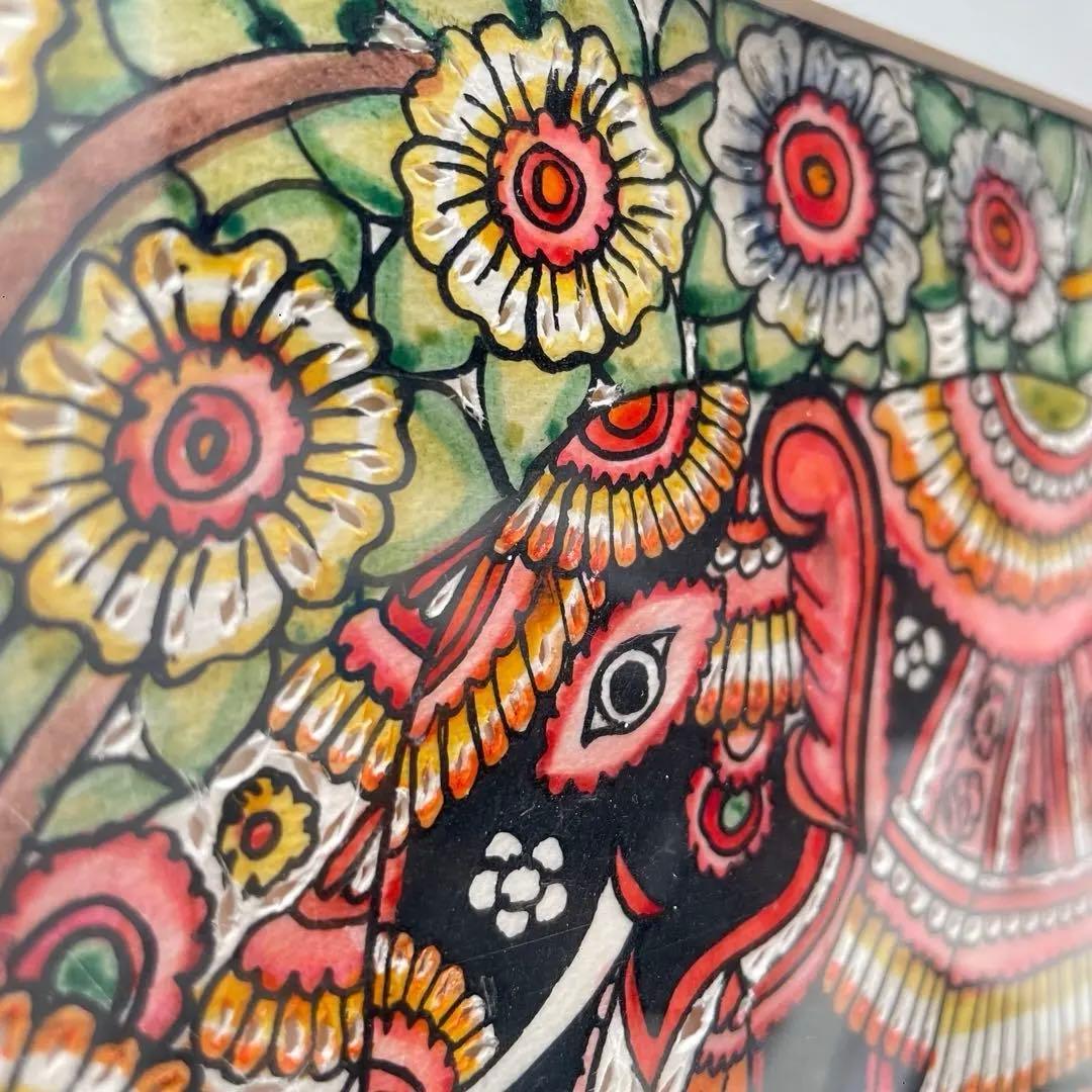 インド　アート 象の絵画 手描き手塗り　レザーペイント工芸品　ハンドメイド