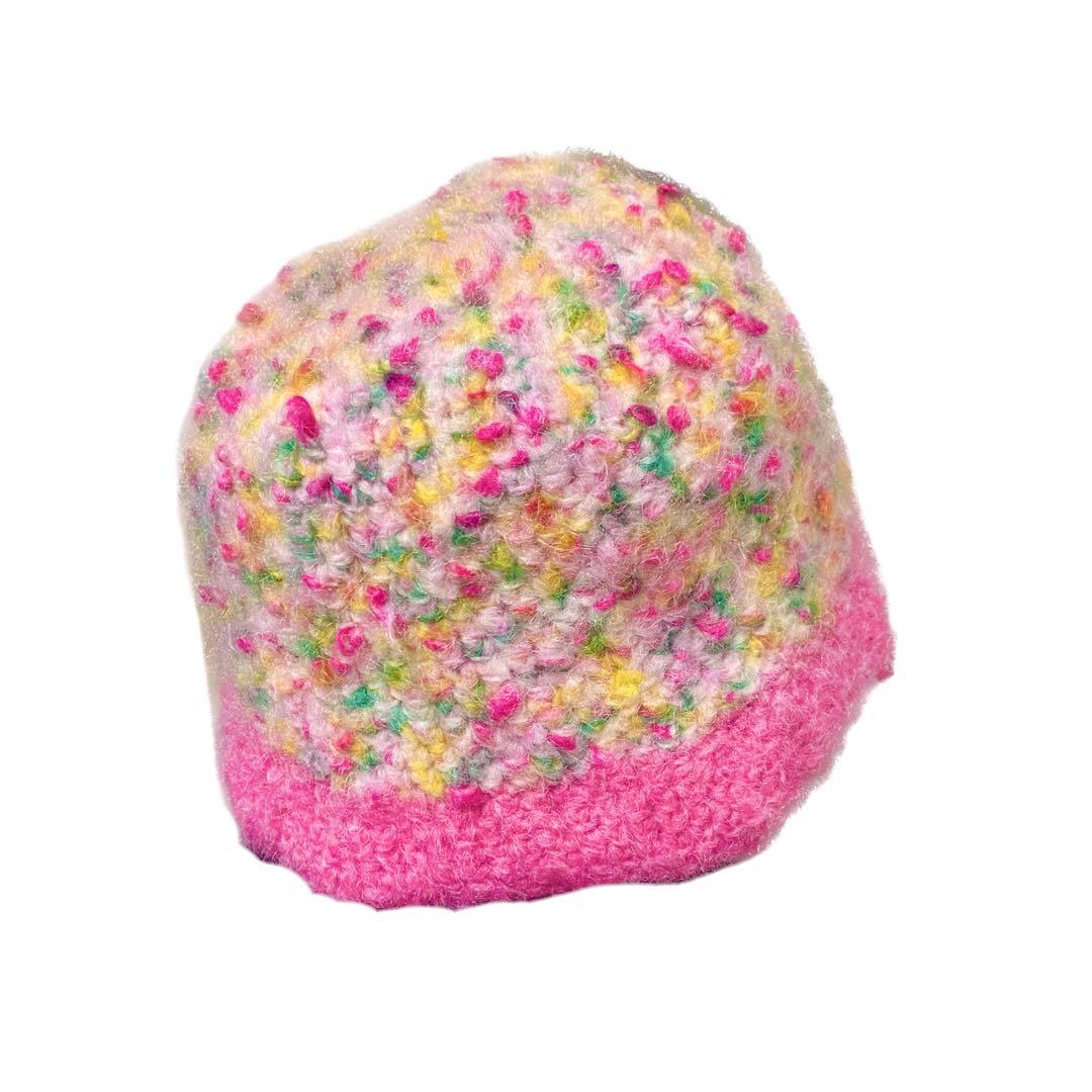 カラフルニット帽子　ハンドメイド　手編み　ピンクtweet 毛糸