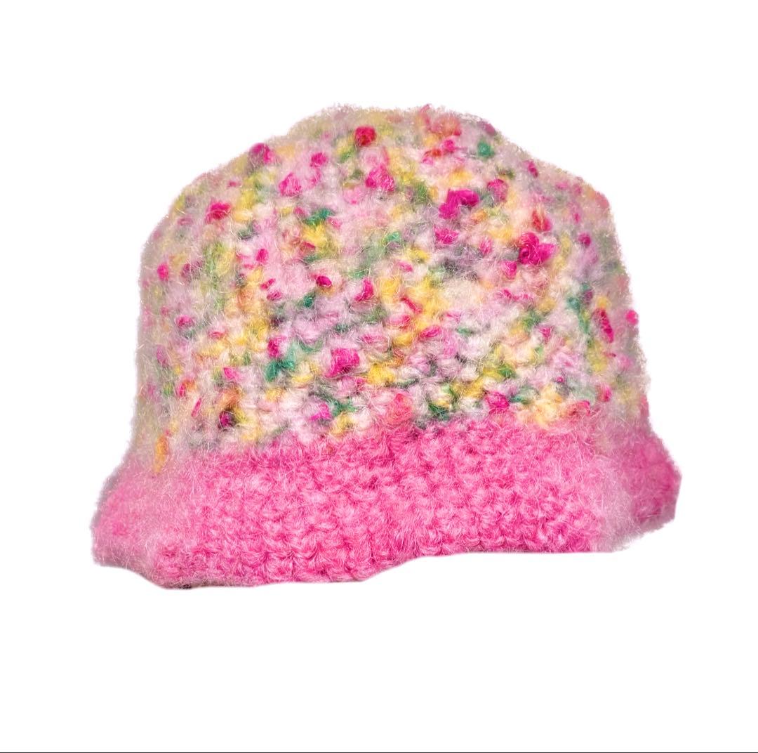 カラフルニット帽子　ハンドメイド　手編み　ピンクtweet 毛糸